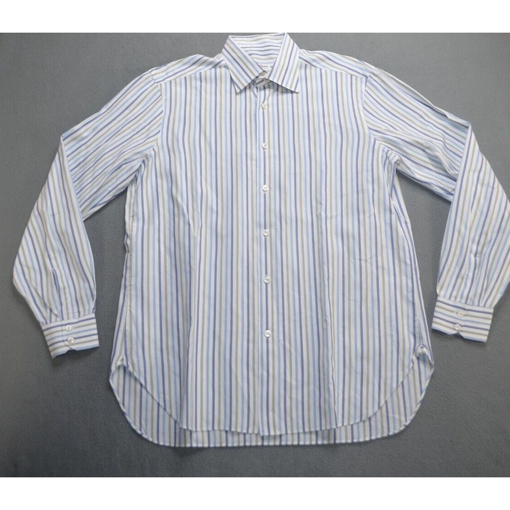 Kiton Men's Button-Down Dress Shirt in White with Blue and Yellow Stripes - Picture 1 of 11